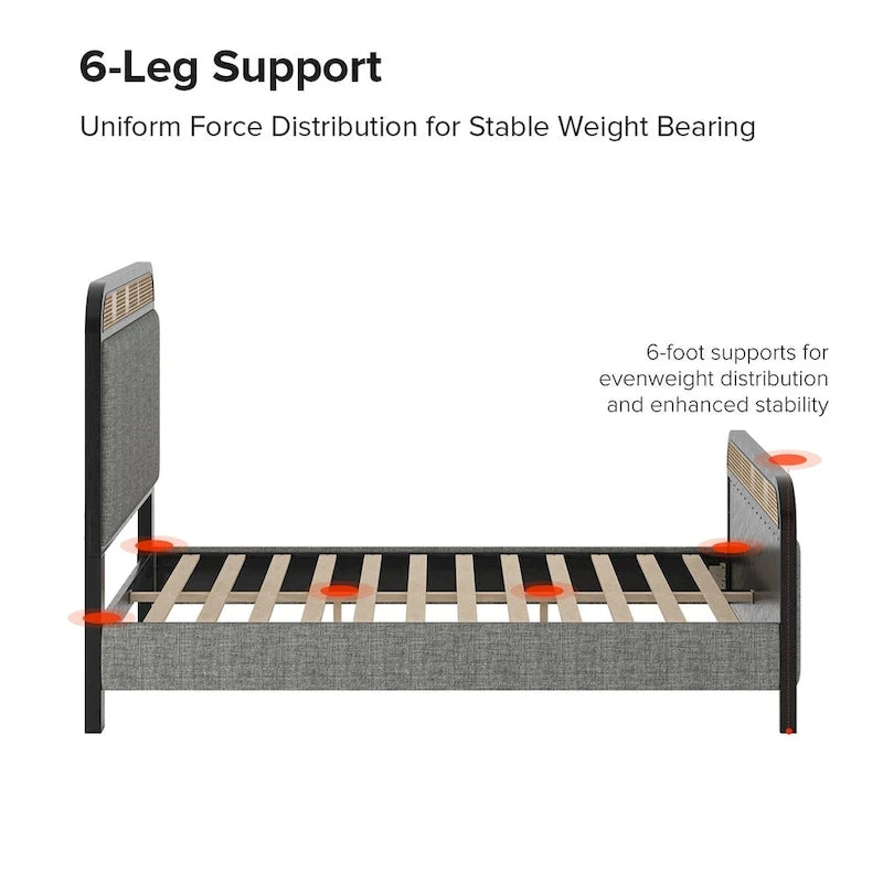 Modern Solid Wood Frame Ratten Bed with LED Headboard