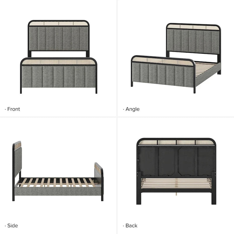 Modern Solid Wood Frame Ratten Bed with LED Headboard