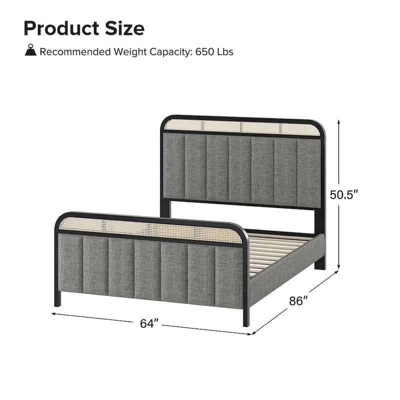 Modern Solid Wood Frame Ratten Bed with LED Headboard