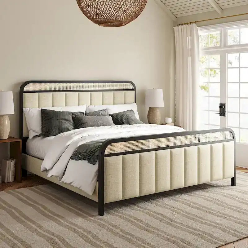 Modern Solid Wood Frame Ratten Bed with LED Headboard
