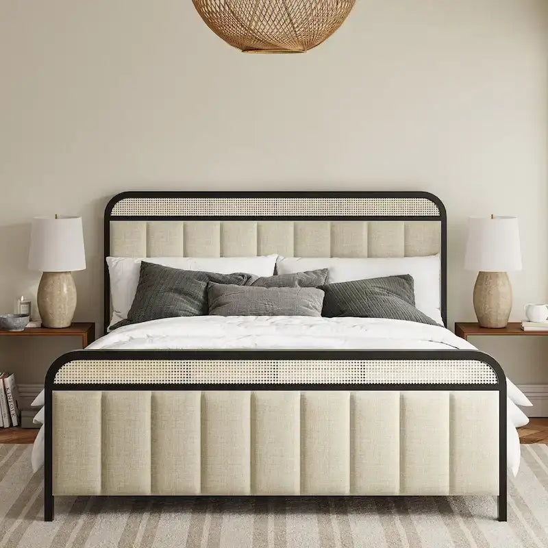 Modern Solid Wood Frame Ratten Bed with LED Headboard