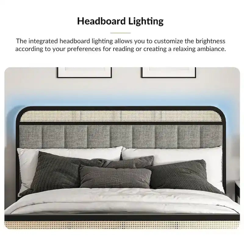 Modern Solid Wood Frame Ratten Bed with LED Headboard