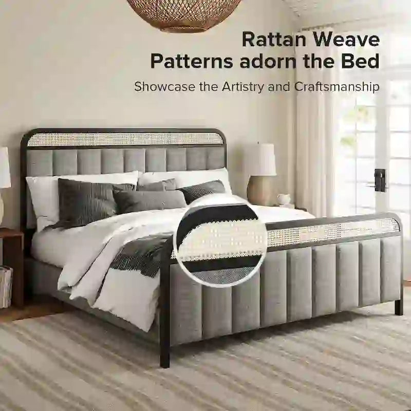 Modern Solid Wood Frame Ratten Bed with LED Headboard