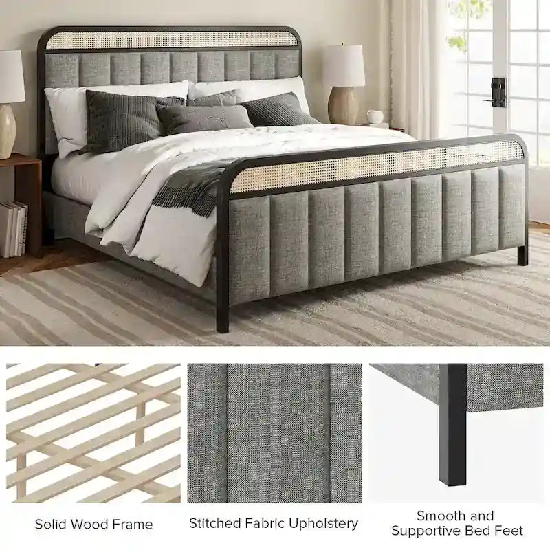 Modern Solid Wood Frame Ratten Bed with LED Headboard