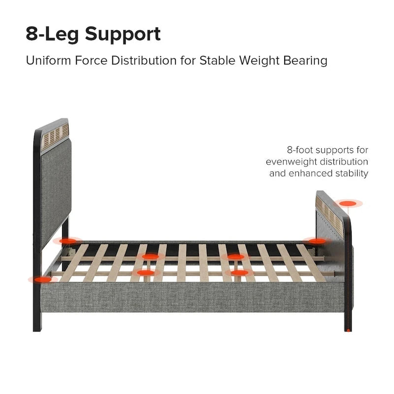 Modern Solid Wood Frame Ratten Bed with LED Headboard
