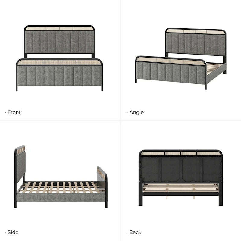 Modern Solid Wood Frame Ratten Bed with LED Headboard
