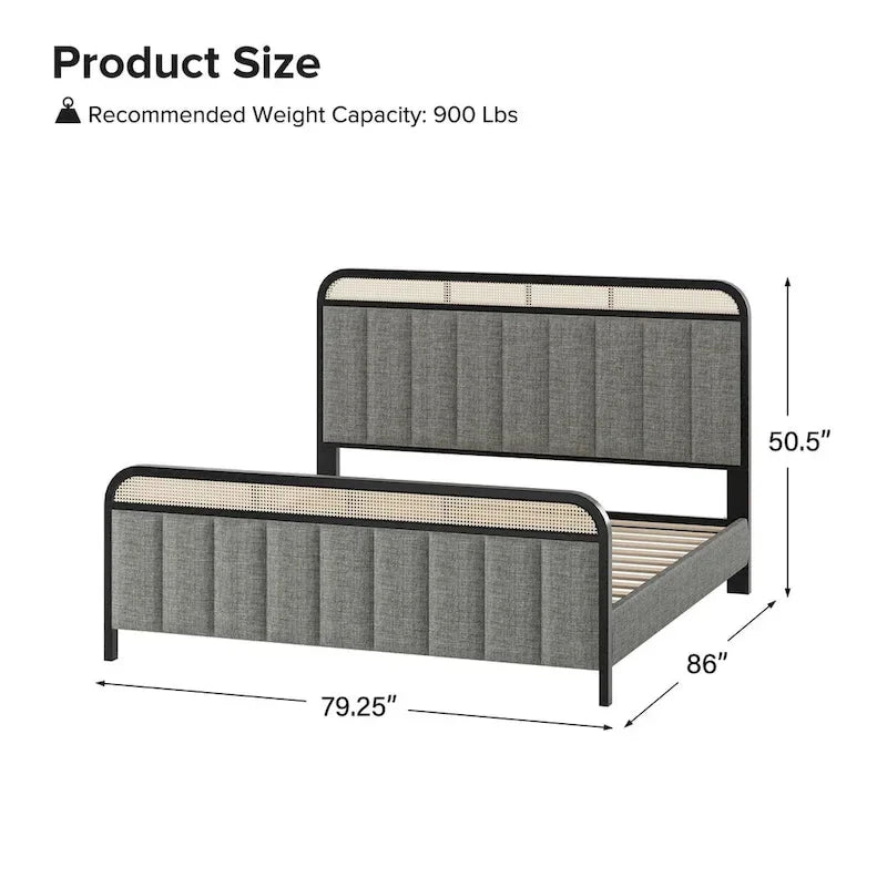 Modern Solid Wood Frame Ratten Bed with LED Headboard