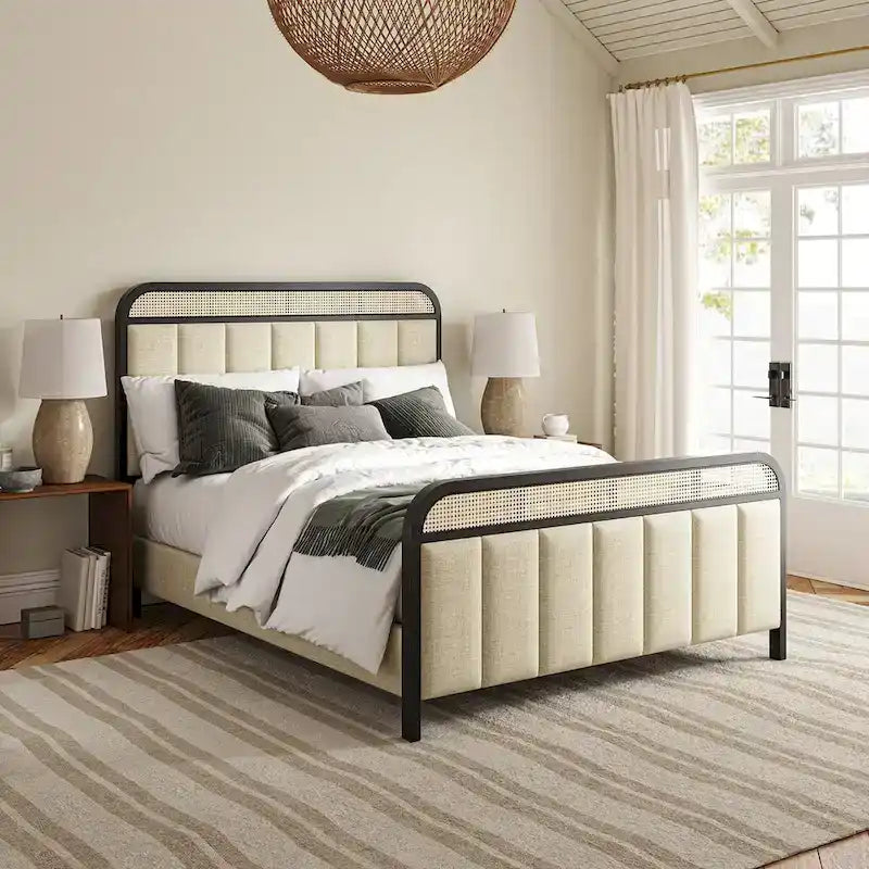 Modern Solid Wood Frame Ratten Bed with LED Headboard