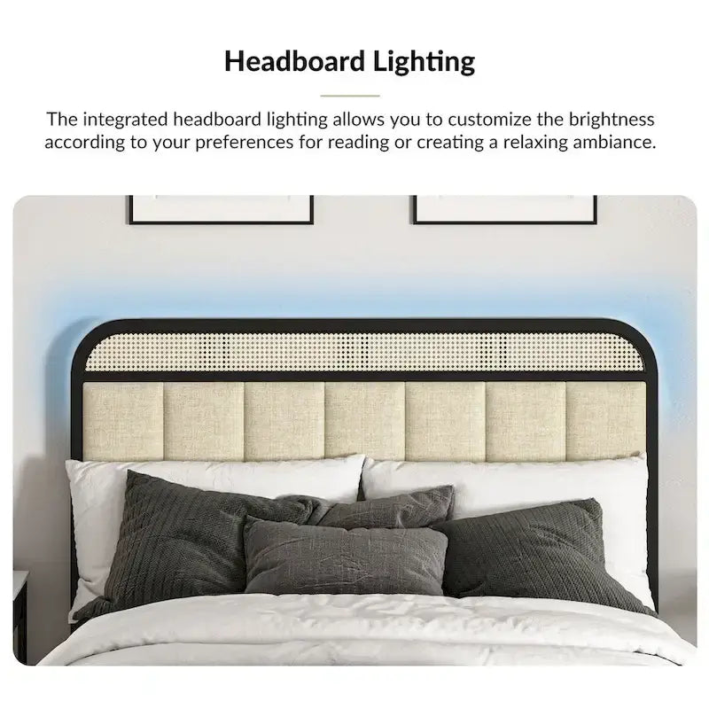 Modern Solid Wood Frame Ratten Bed with LED Headboard