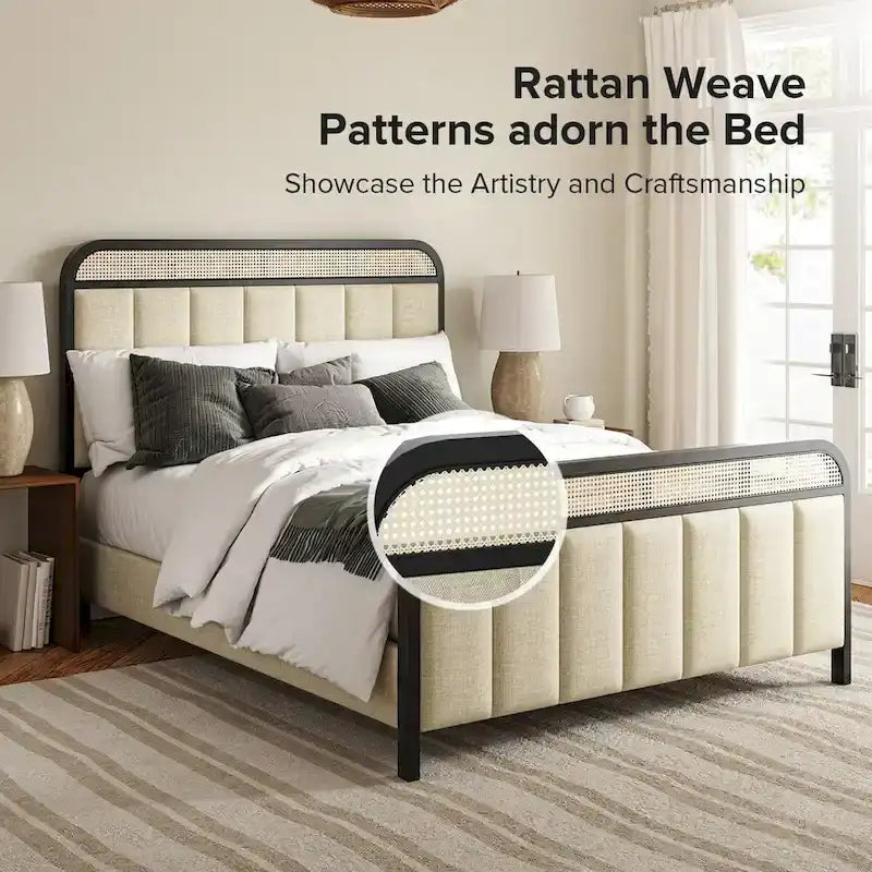 Modern Solid Wood Frame Ratten Bed with LED Headboard