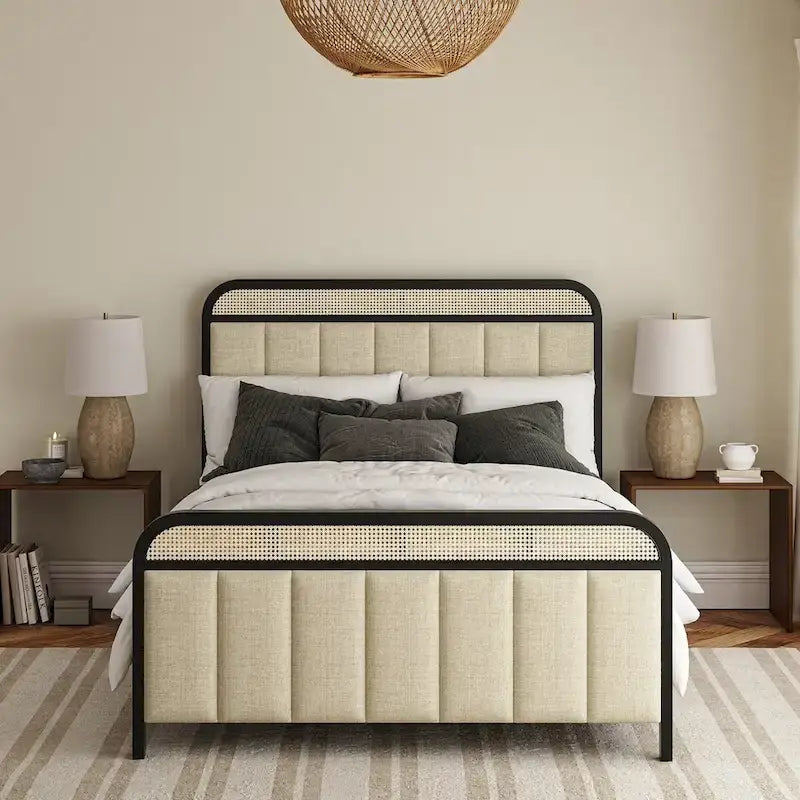 Modern Solid Wood Frame Ratten Bed with LED Headboard