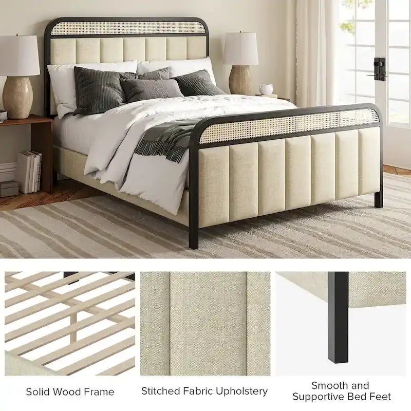 Modern Solid Wood Frame Ratten Bed with LED Headboard