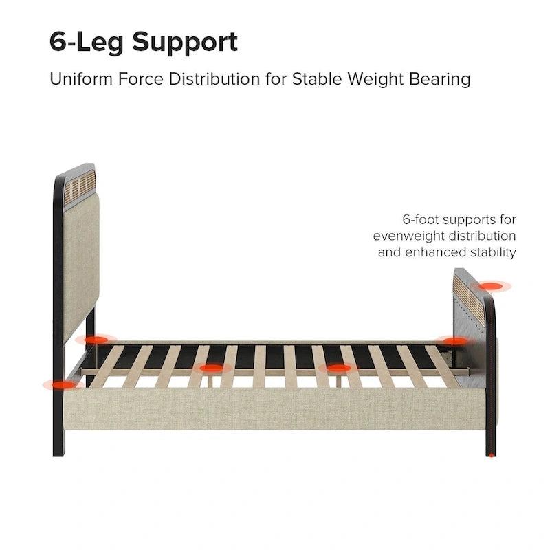 Modern Solid Wood Frame Ratten Bed with LED Headboard