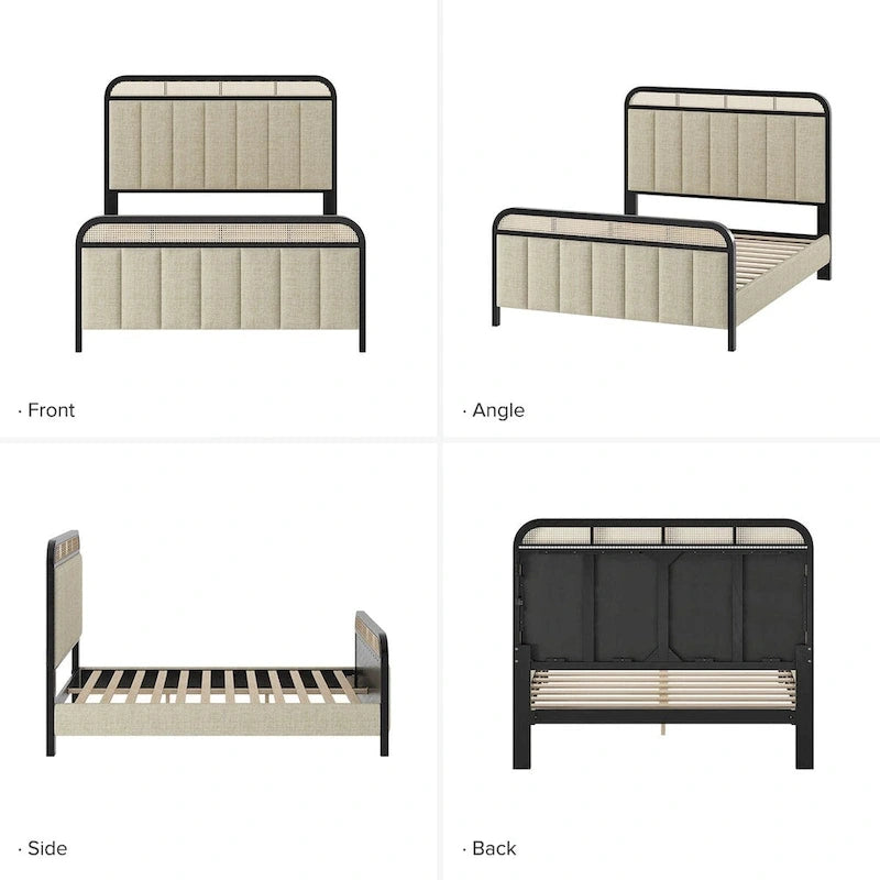 Modern Solid Wood Frame Ratten Bed with LED Headboard