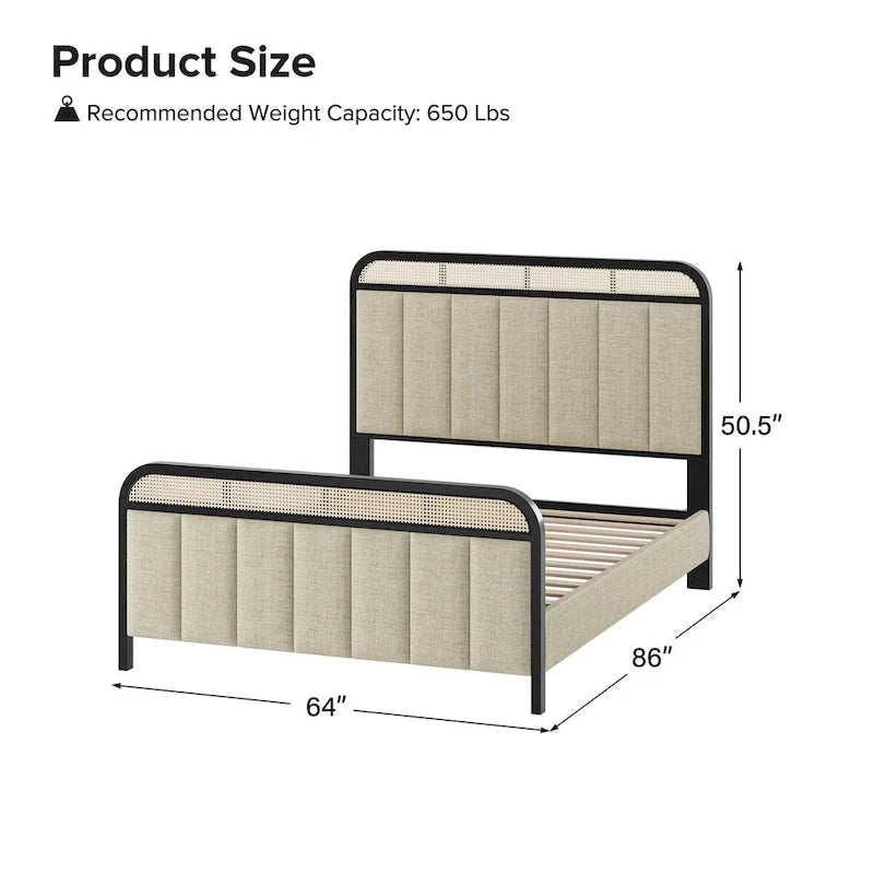 Modern Solid Wood Frame Ratten Bed with LED Headboard
