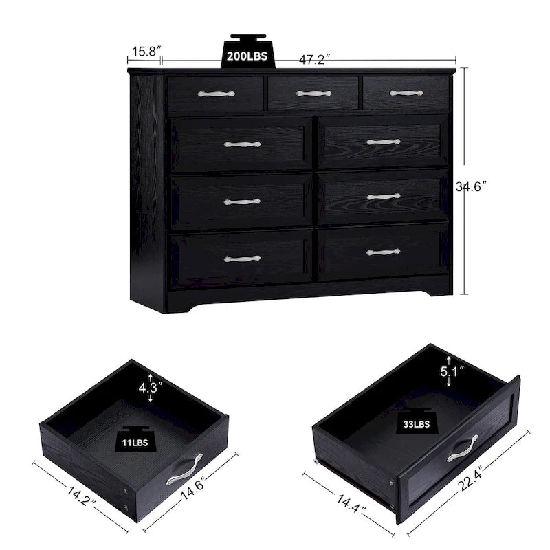 Bedroom Dresser, 9 Drawer Long Dresser with Antique Handles, Wood Chest of Drawers for Kids Room, Living Room, Entry and Hallway