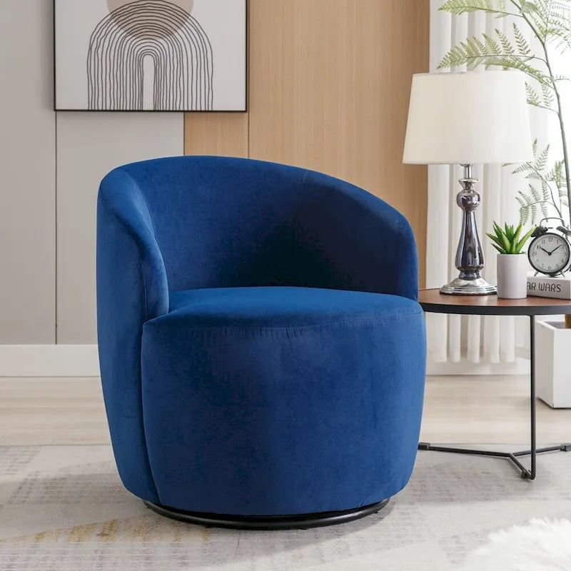 Fauteuil tonneau pivotant en tissu velours avec anneau métallique à revêtement en poudre noir