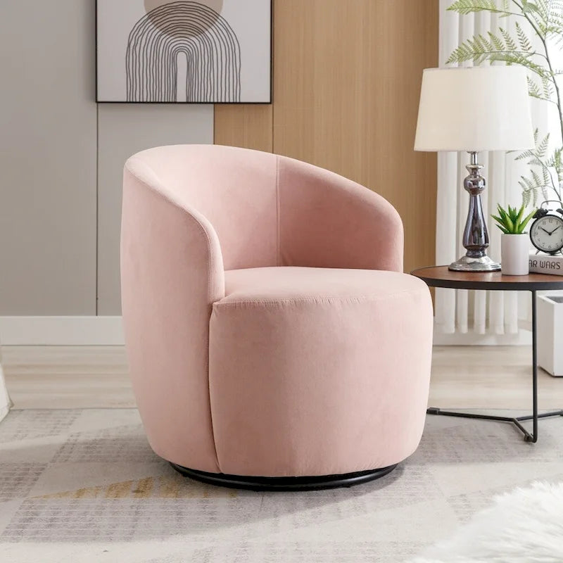 Fauteuil tonneau pivotant en tissu velours avec anneau métallique à revêtement en poudre noir