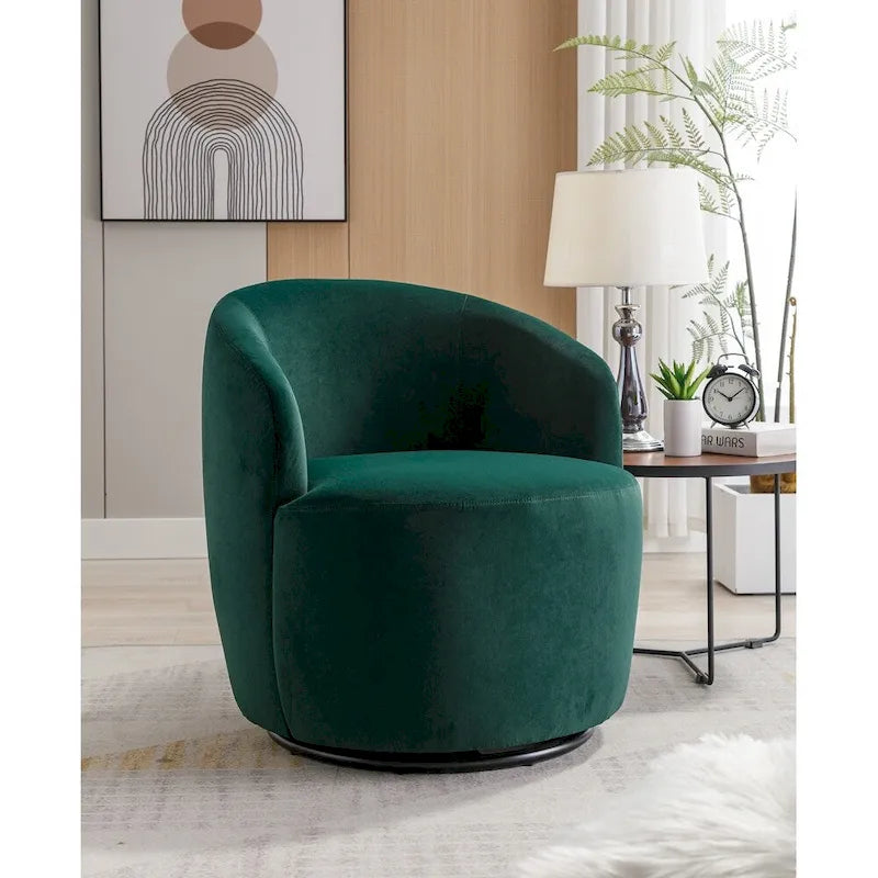Fauteuil tonneau pivotant en tissu velours avec anneau métallique à revêtement en poudre noir