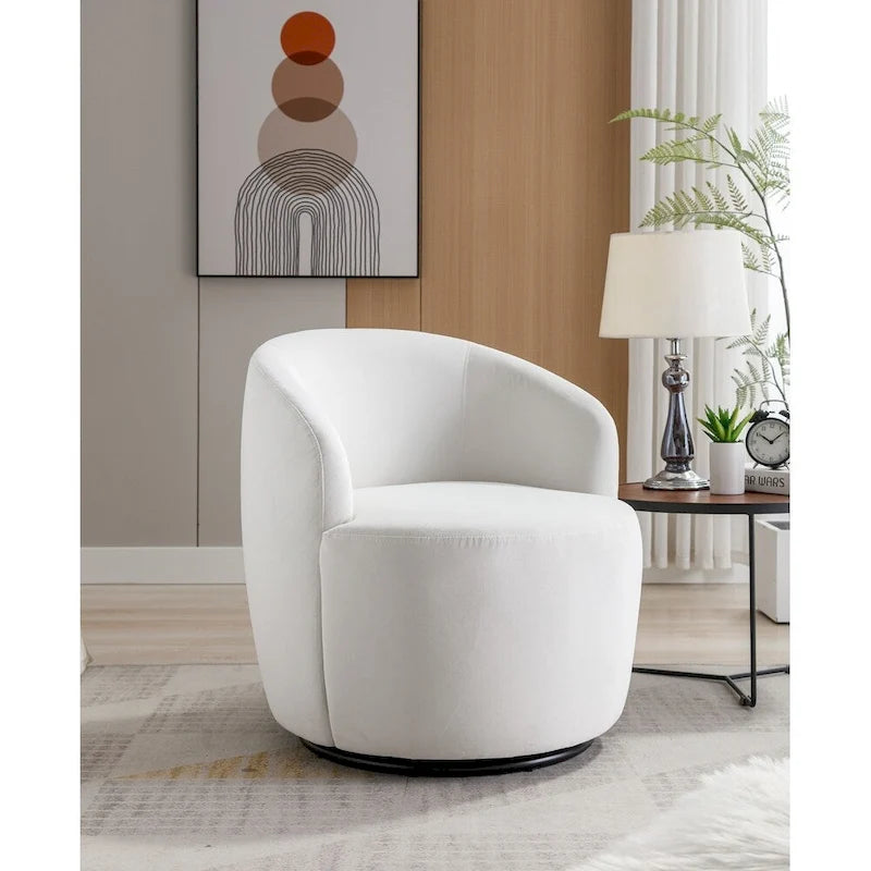 Fauteuil tonneau pivotant en tissu velours avec anneau métallique à revêtement en poudre noir