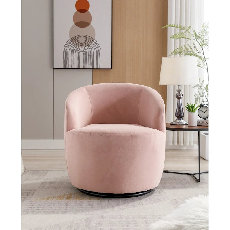 Fauteuil tonneau pivotant en tissu velours avec anneau métallique à revêtement en poudre noir