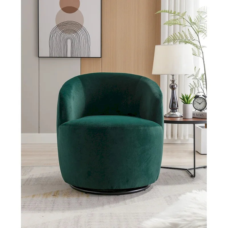 Drehbarer Sessel im Fassdesign aus Samtstoff mit schwarz pulverbeschichtetem Metallring
