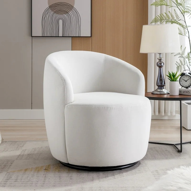 Drehbarer Sessel im Fassdesign aus Samtstoff mit schwarz pulverbeschichtetem Metallring