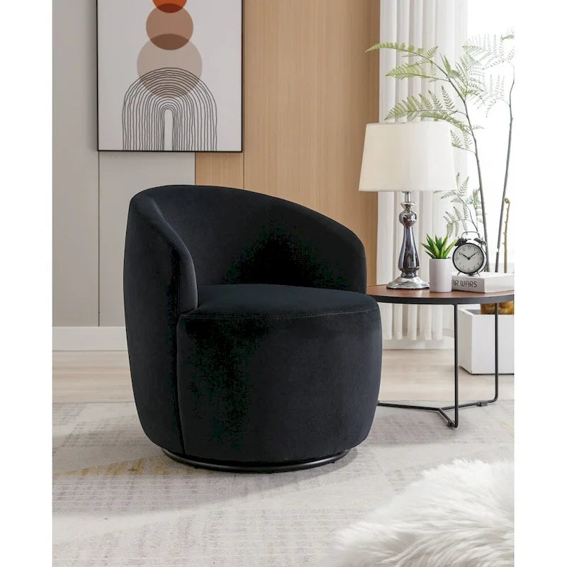Drehbarer Sessel im Fassdesign aus Samtstoff mit schwarz pulverbeschichtetem Metallring