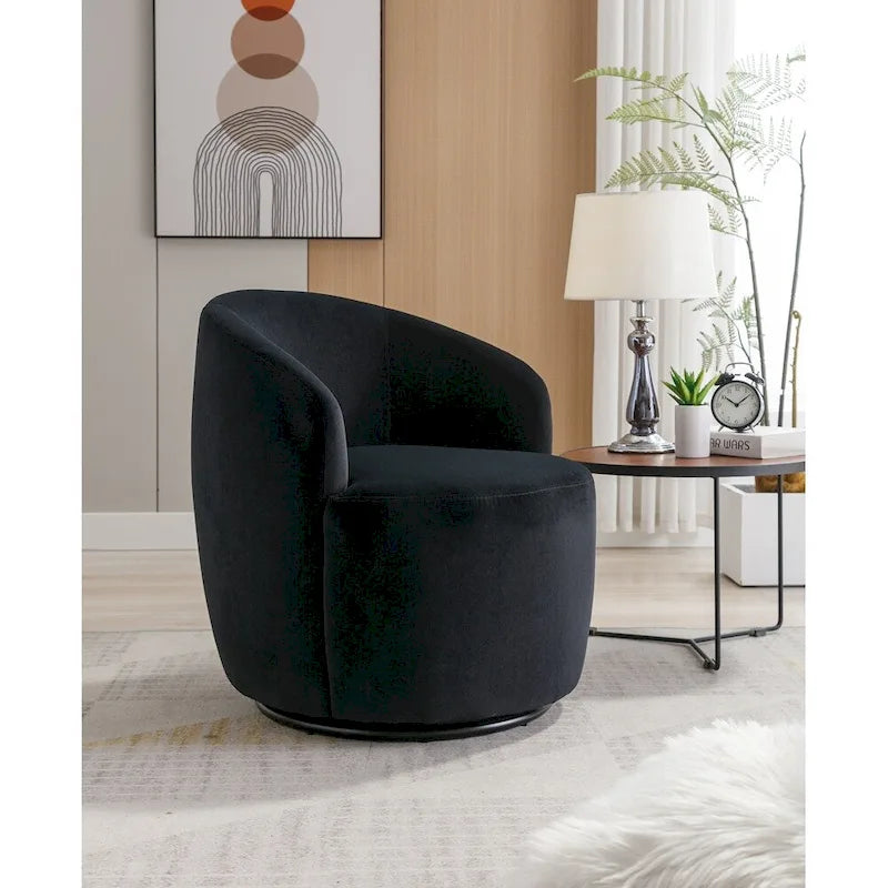 Drehbarer Sessel im Fassdesign aus Samtstoff mit schwarz pulverbeschichtetem Metallring
