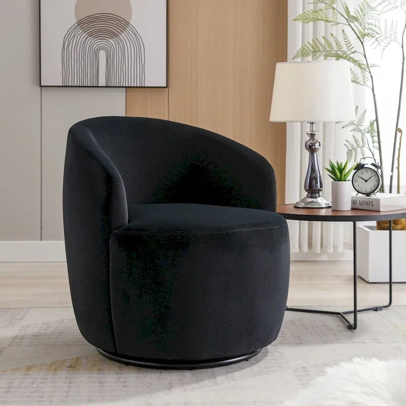 Drehbarer Sessel im Fassdesign aus Samtstoff mit schwarz pulverbeschichtetem Metallring