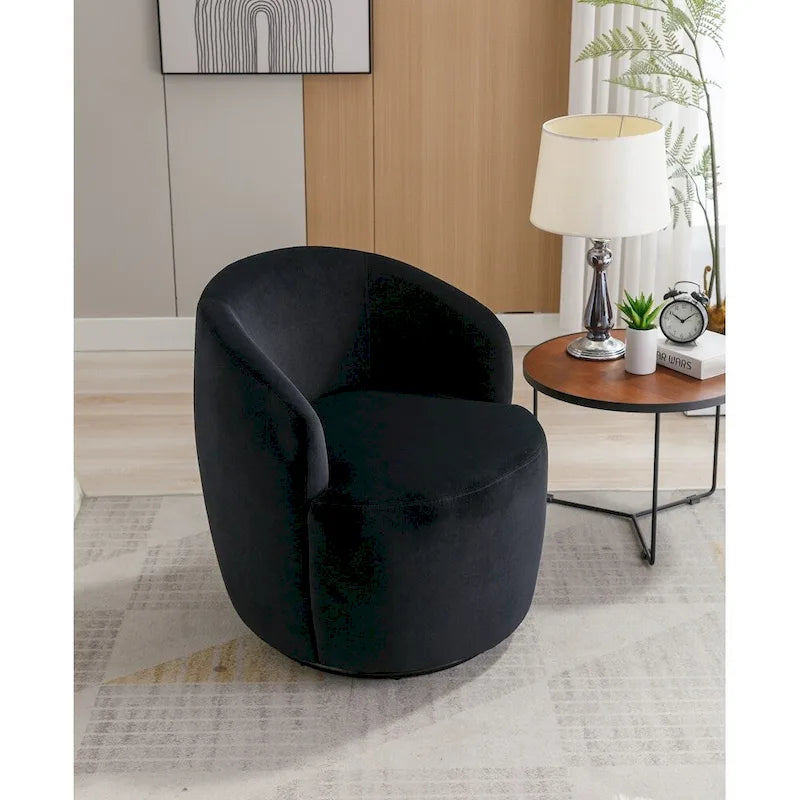Drehbarer Sessel im Fassdesign aus Samtstoff mit schwarz pulverbeschichtetem Metallring