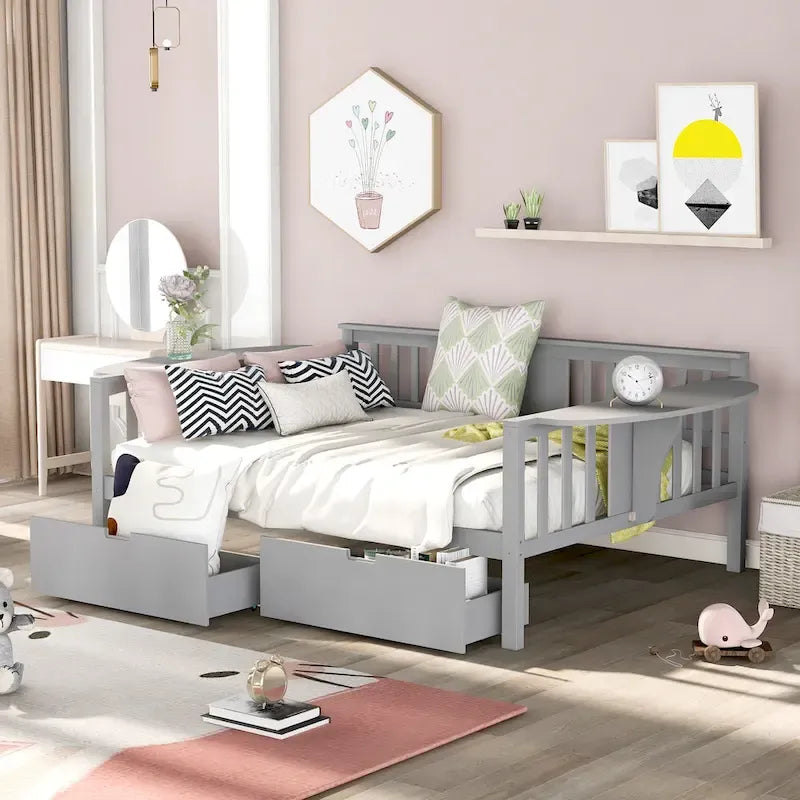 Full-size Daybed Sofa Bed with Two Drawers, Handrails, and Wood Slat Support