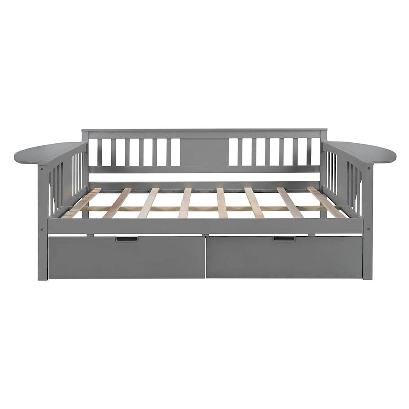 Full-size Daybed Sofa Bed with Two Drawers, Handrails, and Wood Slat Support