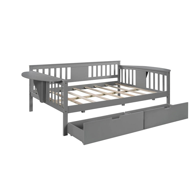 Full-size Daybed Sofa Bed with Two Drawers, Handrails, and Wood Slat Support