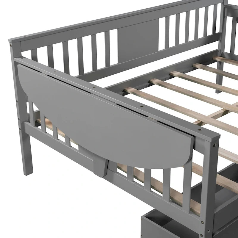 Full-size Daybed Sofa Bed with Two Drawers, Handrails, and Wood Slat Support