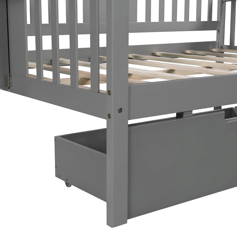 Full-size Daybed Sofa Bed with Two Drawers, Handrails, and Wood Slat Support