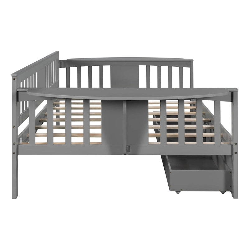 Full-size Daybed Sofa Bed with Two Drawers, Handrails, and Wood Slat Support