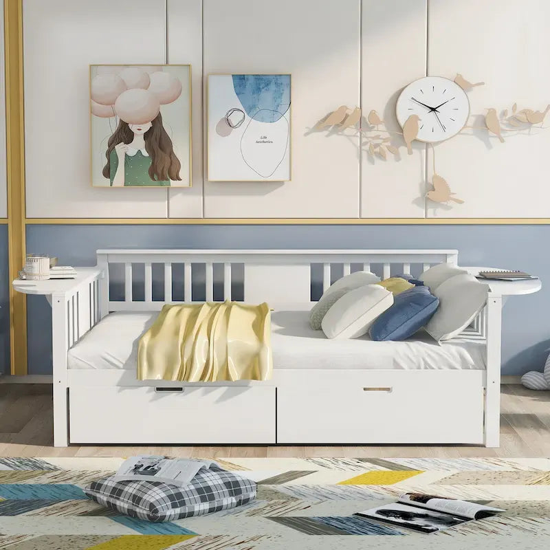 Full-size Daybed Sofa Bed with Two Drawers, Handrails, and Wood Slat Support