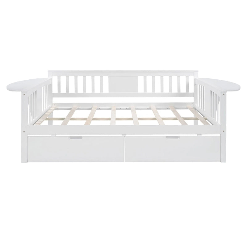 Full-size Daybed Sofa Bed with Two Drawers, Handrails, and Wood Slat Support