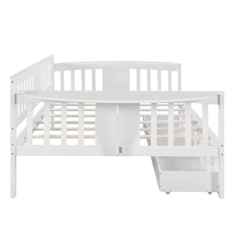 Full-size Daybed Sofa Bed with Two Drawers, Handrails, and Wood Slat Support