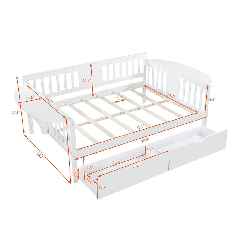 Full-size Daybed Sofa Bed with Two Drawers, Handrails, and Wood Slat Support