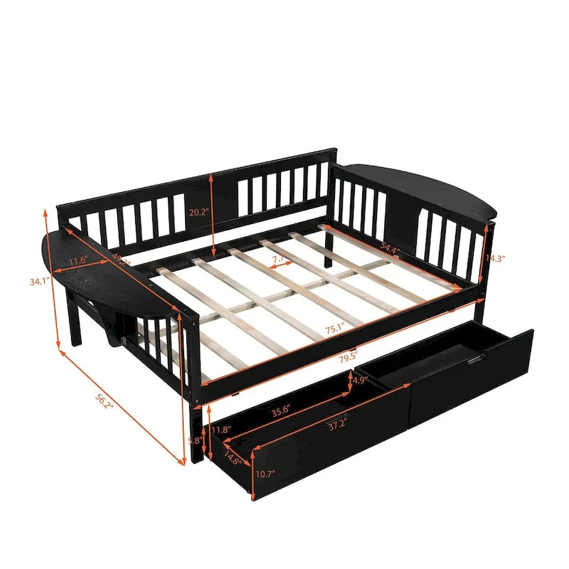Full-size Daybed Sofa Bed with Two Drawers, Handrails, and Wood Slat Support