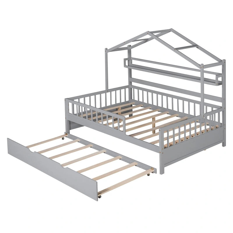 Wooden Full Size House Bed with Trundle - Multiple Storage Racks, Safety Barriers