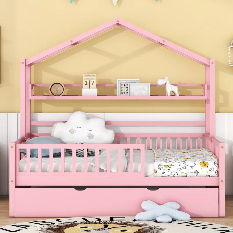 Wooden Full Size House Bed with Trundle - Multiple Storage Racks, Safety Barriers