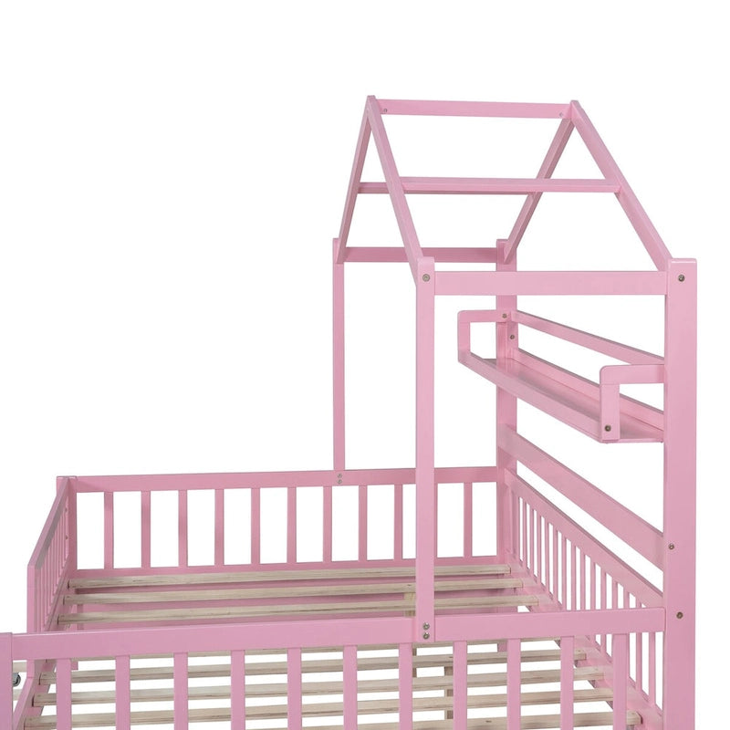 Wooden Full Size House Bed with Trundle - Multiple Storage Racks, Safety Barriers