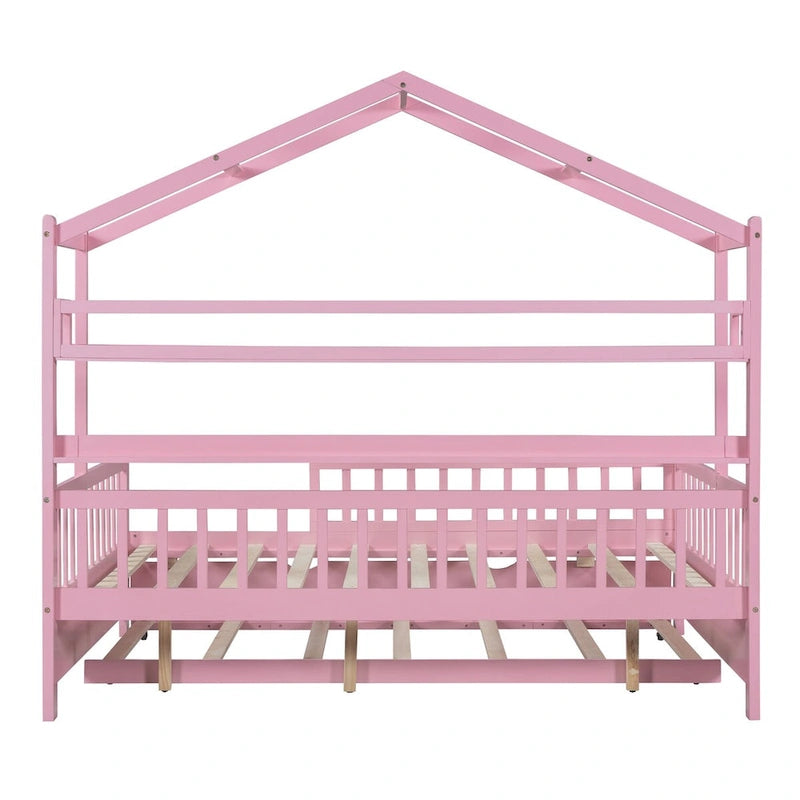 Wooden Full Size House Bed with Trundle - Multiple Storage Racks, Safety Barriers