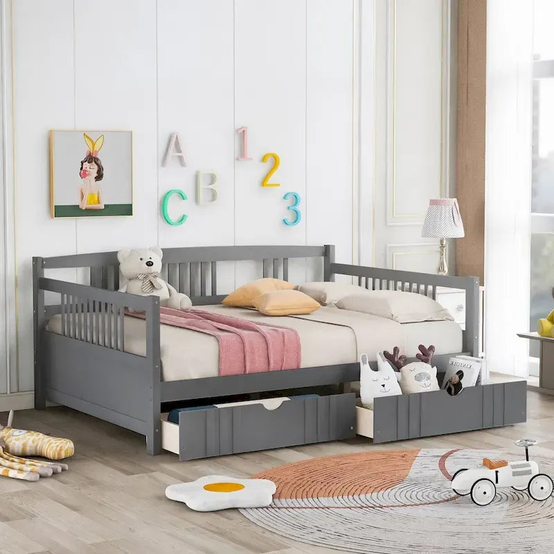 Lit de repos 2 places en bois, canapé-lit équipé d’accoudoirs en bois et de deux tiroirs