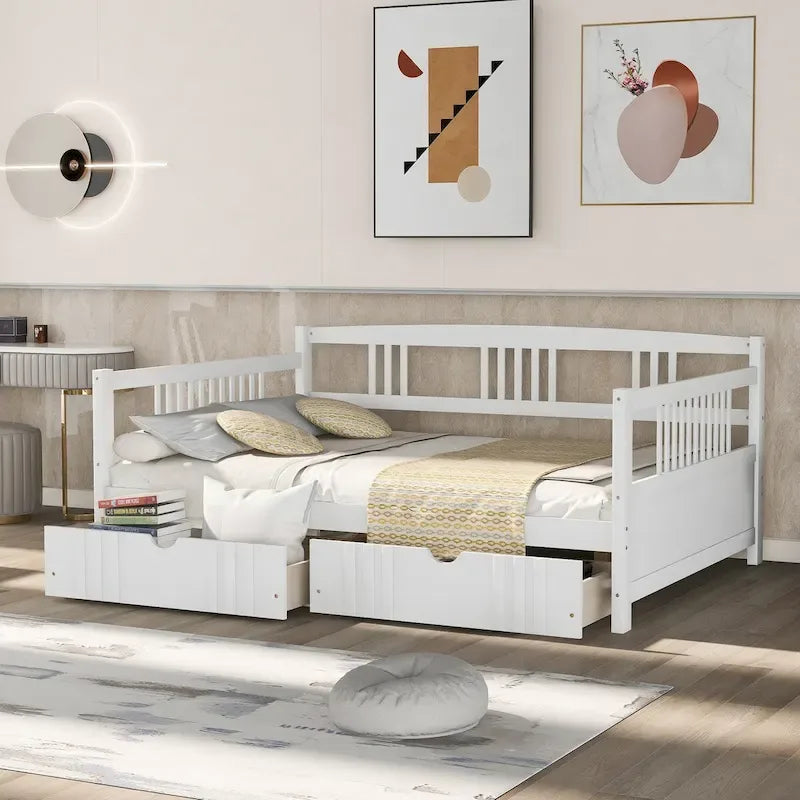 Lit de repos 2 places en bois, canapé-lit équipé d’accoudoirs en bois et de deux tiroirs