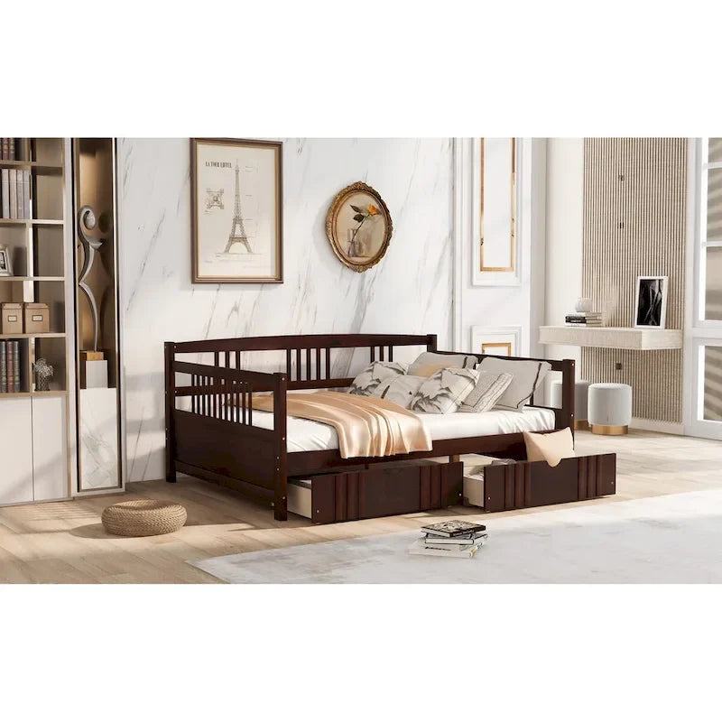 Lit de repos 2 places en bois, canapé-lit équipé d’accoudoirs en bois et de deux tiroirs
