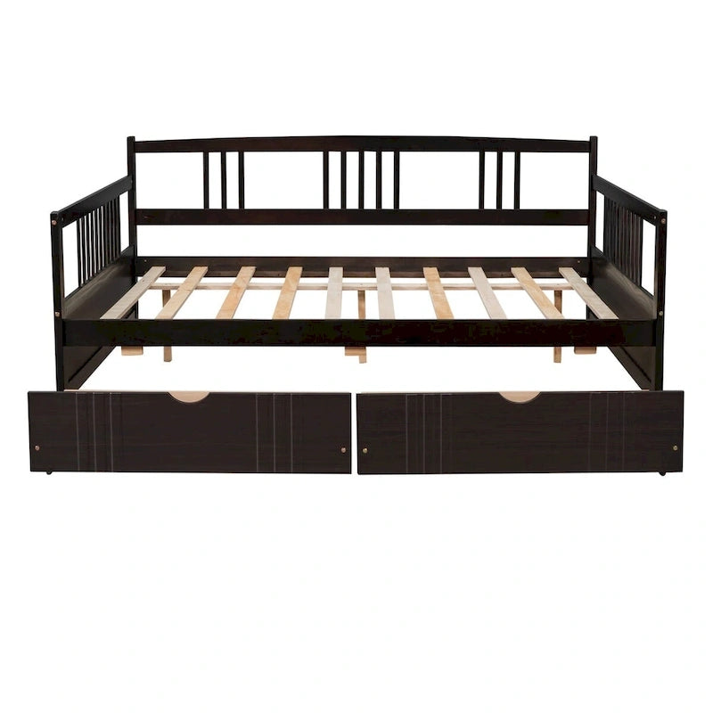 Lit de repos 2 places en bois, canapé-lit équipé d’accoudoirs en bois et de deux tiroirs
